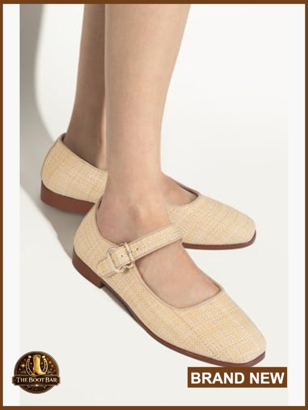 Women's Raffia Square Toe Buckle Strap Ballet Flats - Picture 4 of 6